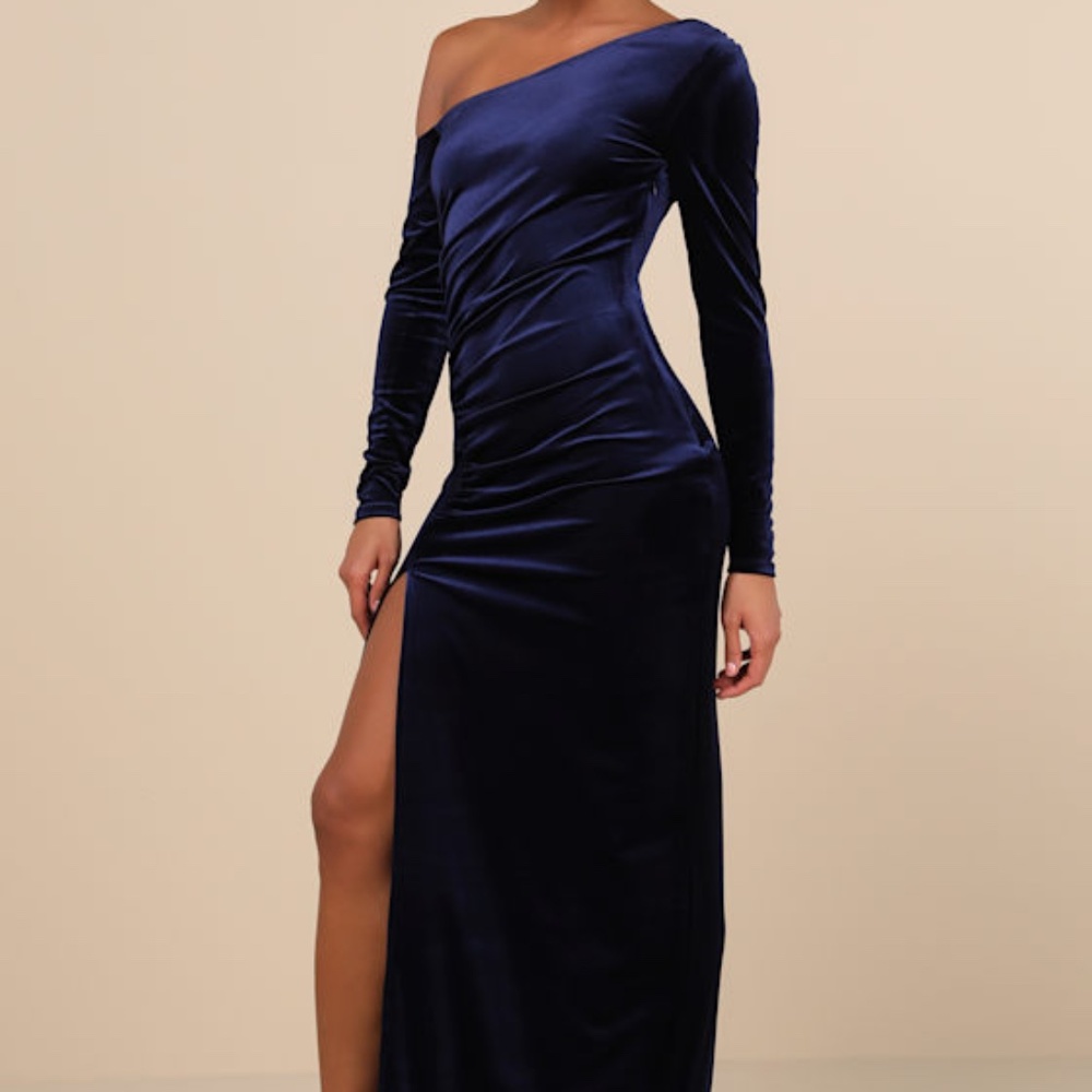 Lulus Notorious Icon Navy Blue Velvet Asymmetrical Maxi Dress - Size L